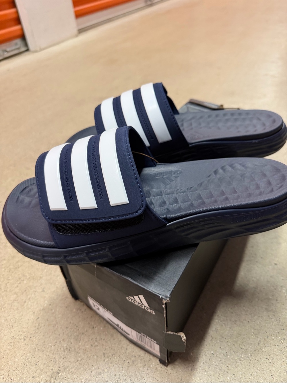 NWB Adidas Men’s Duramo Navy Slide Sandals with White Stripes